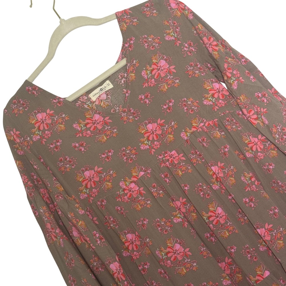 Natural Life Floral Tiered Maxi Dress Women XS Brown Pink Long Sleeve Boho